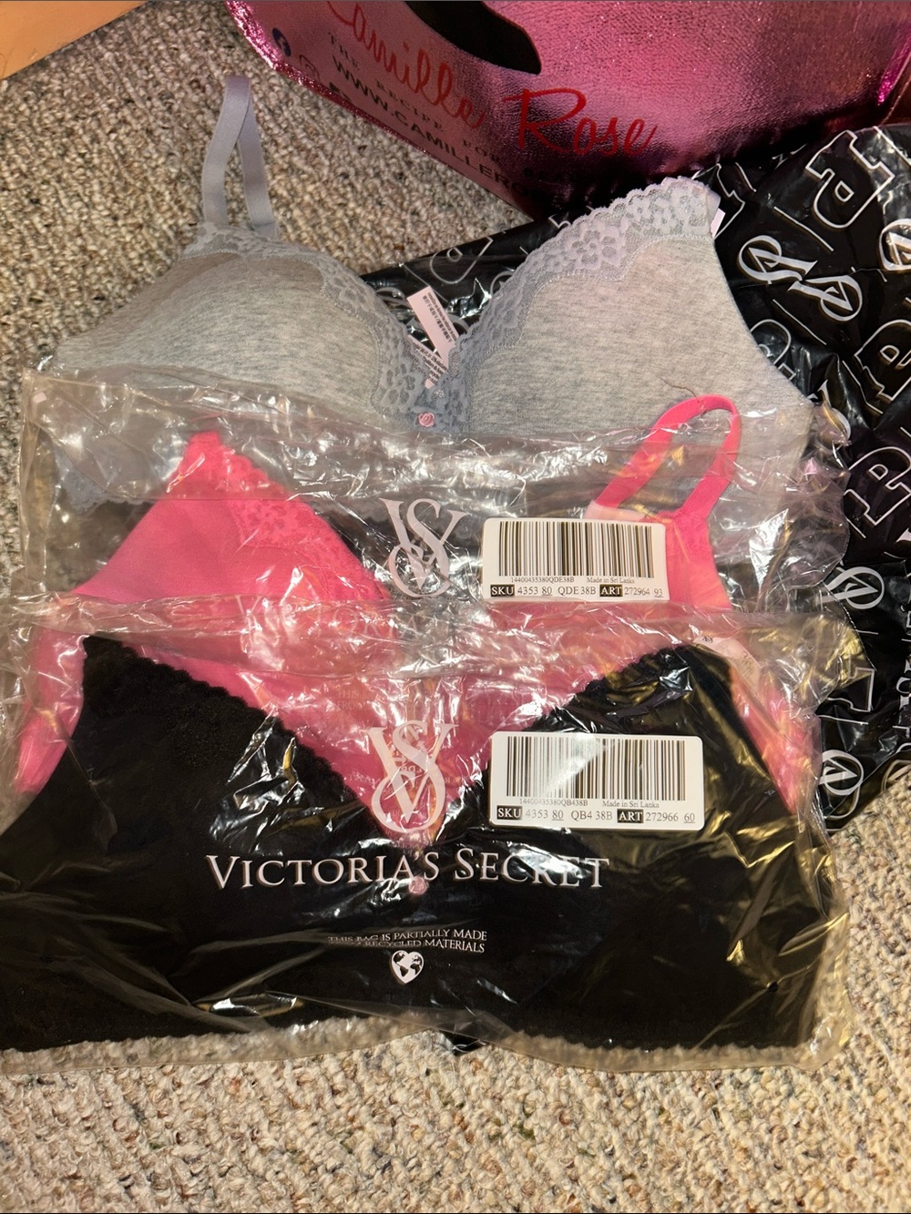 Victoria's Secret Lace-Trim Bras in Gray, Pink & Black